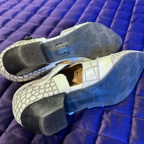 Fluevog Truth Alisha T-Strap Heel with Skull Buckle in White Croc 🤍🖤 - Picture 7 of 11